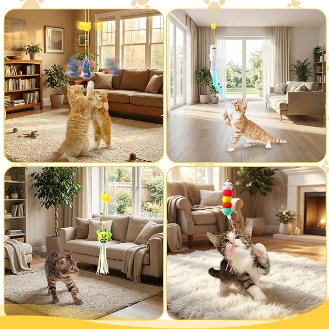 Leitee 20 Pcs Interactive Cat Toys with Hanging Balls Feather Teaser Retractable Toys for Indoor Kitten Self Play Make Fun Exercise Cat Enrichment Balls for Small/Medium/Large Cats to Keep Them Busy
