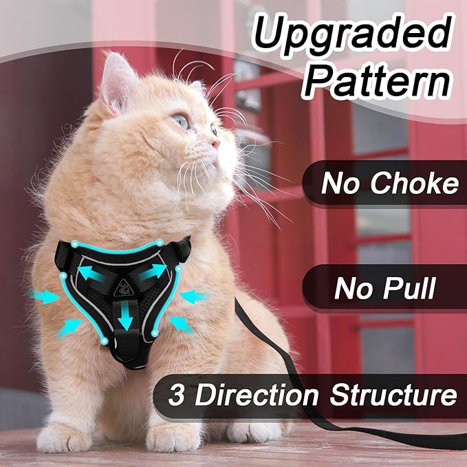 Cat Harness and Leash Set, Cat Escape Proof Adjustable Vest with Lead for Kitten Puppy Walking Outdoor, Soft Breathable Mesh Jacket with Reflective Strips for Dark Night (M, Black)