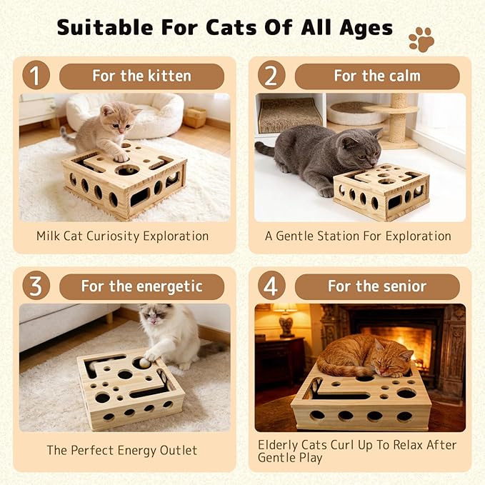 Cat Nail File Scratcher, Cats Claw Saver Box with 3 Balls, Large Solid Wood Construction Cat Nail File Enrichment Box with Sandpaper Inside,Alternative to Nail Clippers
