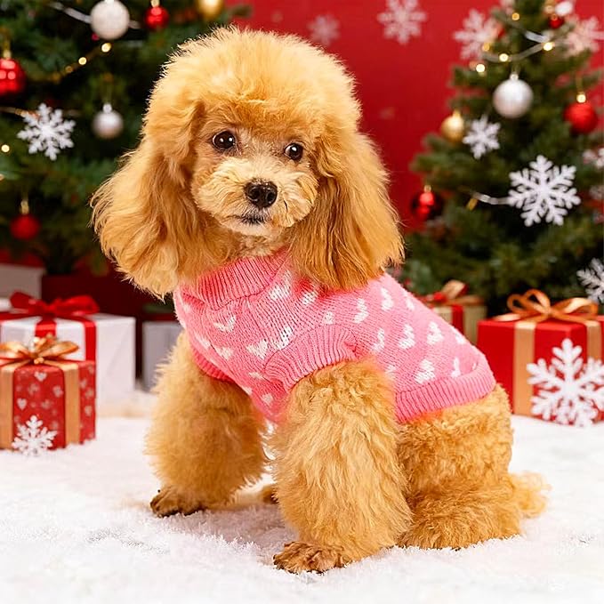 Heart Knit Pet Sweater, Warm Pullover Winter Clothes for Small and Medium Dogs Cats, Soft Puppy Outfit for Cold Weather, Christmas, Valentine's Day (Pink, M (Fit 6–7 lbs, Chest 12–13", Neck 9–10"))