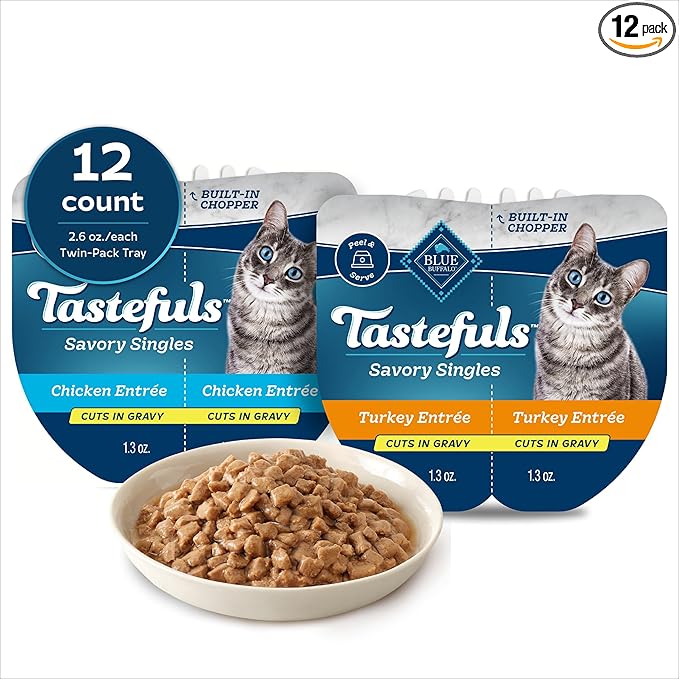 Blue Buffalo Tastefuls Savory Singles Variety Pack, Wet Cat Food in Gravy, 2.6-oz. Twin-Pack Trays, Chicken & Turkey Entreé (12 Count)
