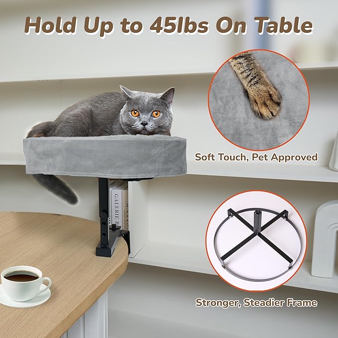 Up to 45LBS Cat Desk Bed - 360° Rotation & Adjustable Height, Pet Perch for Desks with Washable Cushion, Desk Cat Bed Attachment for Various Tables, Gray Cushion