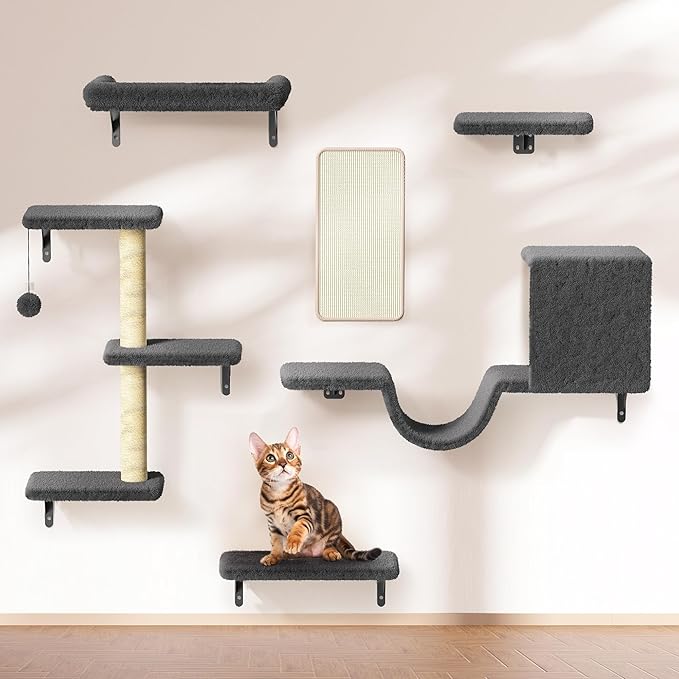 Cat Wall Shelves for Large Cats, Stable & Safe Kitty Walls Furniture Set for 40LBS Cats with Wooden Cat Climber,House, Bridge, Tree, Steps, and Scratcher for 16 Inch Drywall (Black, 5-in-1)