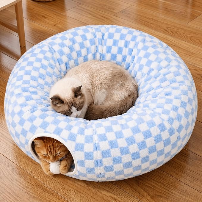 Meowfia Indoor Cat Tunnel with Donut Bed - Large Flexible Play Space for Multiple Pets - Circle or Snake Shape, Cozy Lounge (Azure Check)