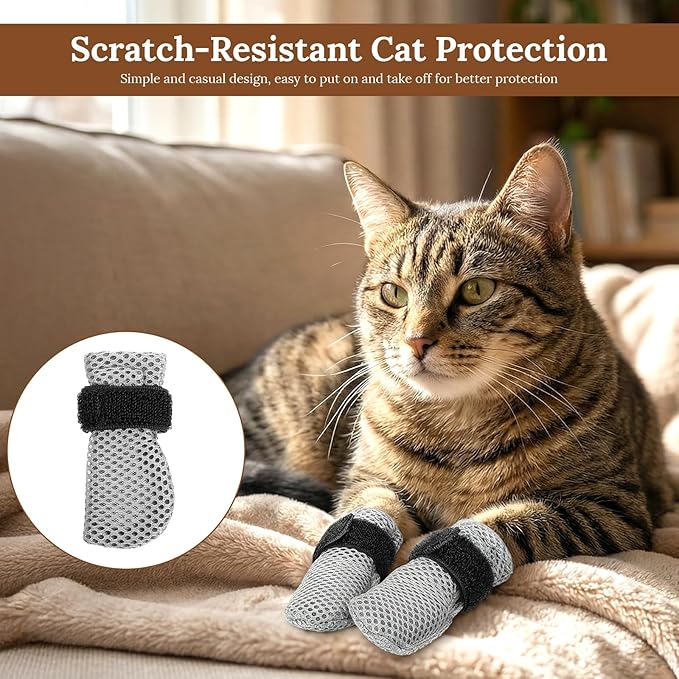 4 Pcs Cat Booties Anti Scratch Mittens Gloves Mesh Cat Claw Covers Kitten Protectors Foot Booties Breathable Adjustable Kitten Shoes to Prevent Scratching for Nail Trimming Pet Bathing