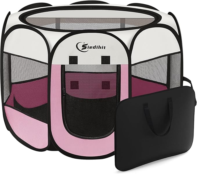 Siedihit Pink Puppy Playpen for Large Dog Cat, Dog Tent Crates Cage Indoor/Outdoor, Portable Pop Up Dog Kennel with Carrying Bag for Rabbits, (Pink, Large)