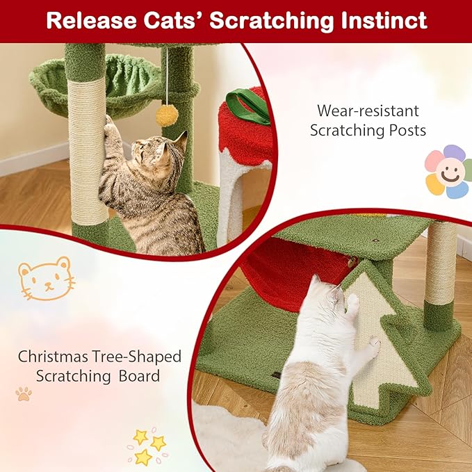 PETSITE 52 inch Cat Christmas Tree, Multi-Level Cat Tower with Sisal Scratching Posts & Board, Cat Condo, Basket Bed, and Detachable Hammock, Cute Cat Tree for Indoor Cats
