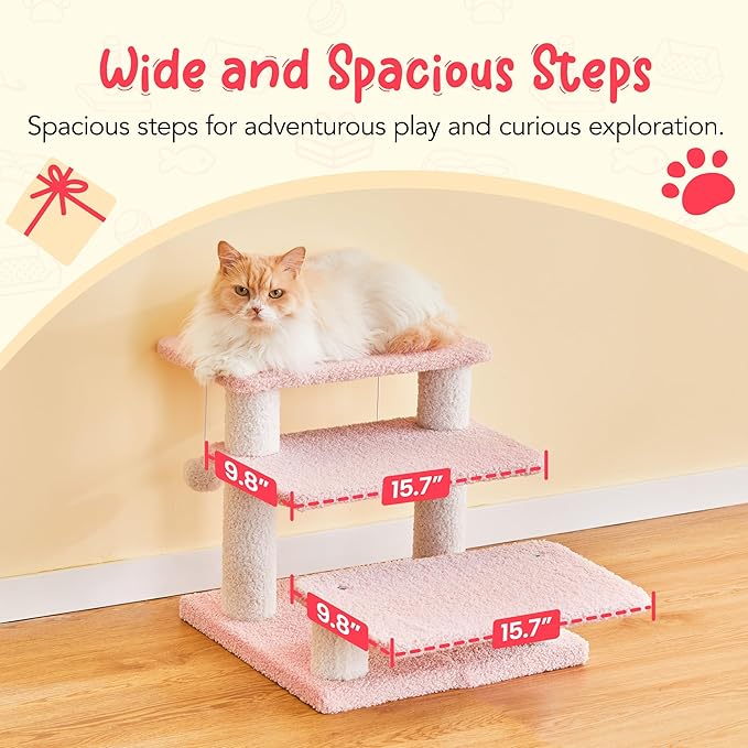 15''H Multi-Step Pet Stairs for High Beds & Sofas, 3-Step Cat Stairs with 2 Toy Balls, Wide Boards for Indoor Kittens Dogs Pets Climbing, Pink 2.0