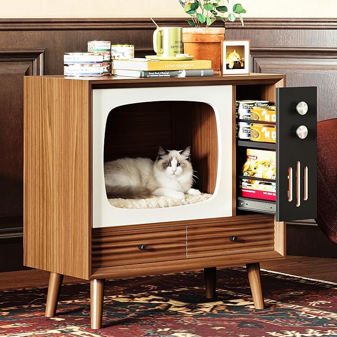 IRONCK TV-Shaped Cat House for Indoor – Vintage Wooden Cat Condo with Drawers, 2-in-1 Side Table & Nightstand for Living Room, Walnut