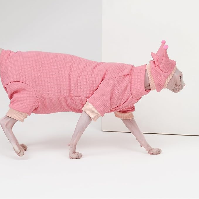 Sphynx Cat Clothes Waffle Pattern Suit, Cute Pet Hat and Shirt Set, Hairless Cat Devon Cornish Pink and Black Suit, (Medium, Pink)