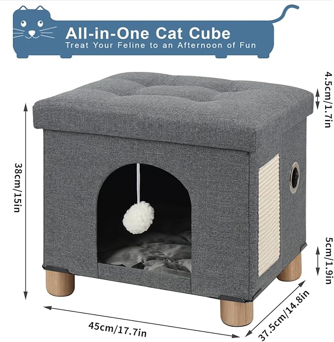 BRIAN & DANY Cat Beds for Indoor Cats,Large Cat Cave House for Kitten with Scratch Board & Ball, 17.7 x 14.8 x 15 inches, Gray (Large)