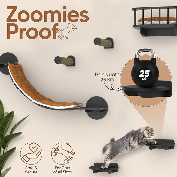 Cat Wall Shelves & Perches – 7-in-1 Cat Wall Furniture Set with Bed, Climbing Steps, Scratcher & Bridge Ladder – Black Bamboo Wall Cat Shelf for Indoor Cats