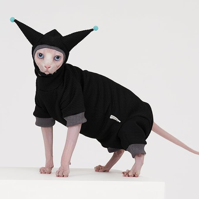 Sphynx Cat Clothes Waffle Pattern Suit, Cute Pet Hat and Shirt Set, Hairless Cat Devon Cornish Pink and Black Suit, (X-Small, Black)