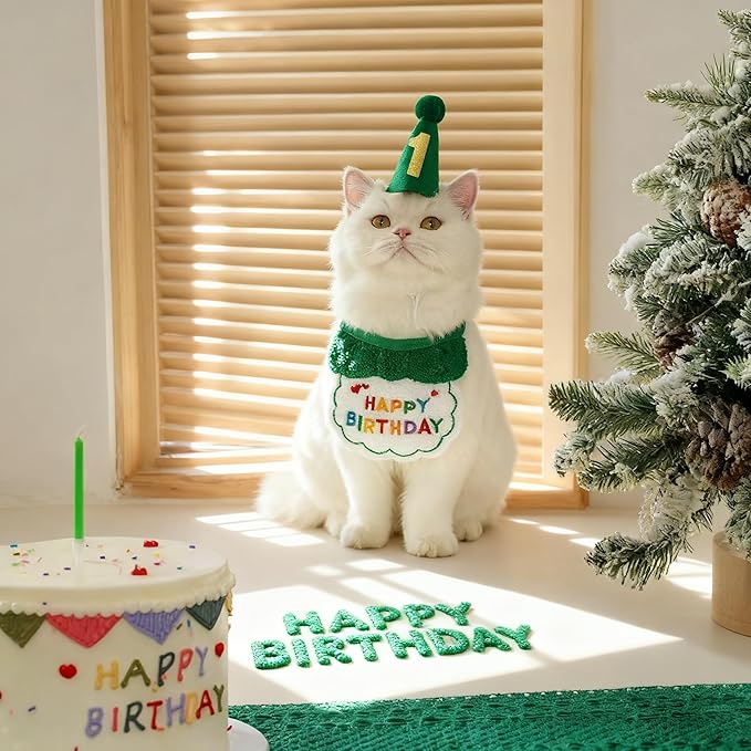 Reusable Cat Birthday Decorations Set - Adjustable Cat Birthday Hat & Bandana with Age Numbers | Kitty Celebration Kit for Memorable Milestones（Green）
