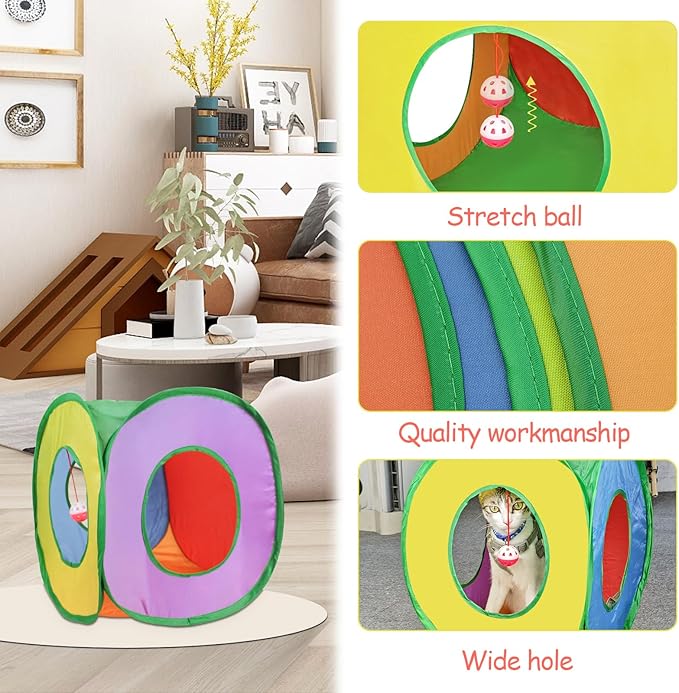 Andiker Cat Tunnel, Foldable Square Colorful Kitten Pop Up Tent Matches with Most Cat Tubes Polyester Kitten Tent with a Bell Ball 3 Holes Kitten Tubes to Hide Play (Square S)