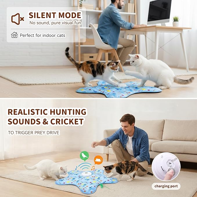 Interactive Cat Toy for Indoor Cats, Rechargeable Touch Activated Hide and Seek Cat Toys, Automatic Moving Concealed Wand Feather Toy for Bored Indoor Kitten Adult Cats, Real Bird Squeaky Green