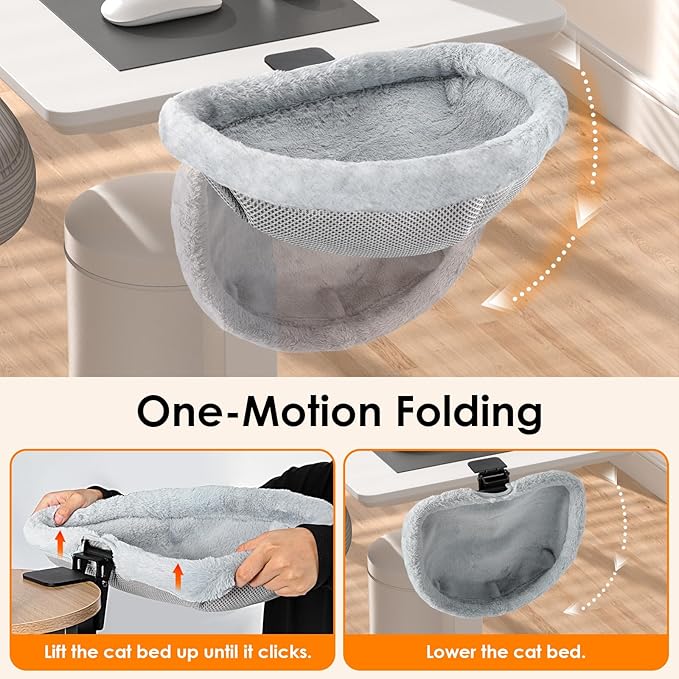 Cat Desk Bed with 2 Nests, One-Click Folding & Hanging Desk Cat Bed Attachment with Washable Winter & Summer Dual Nests, Cat Hammock Supports Large Cats up to 33lbs, Light Grey