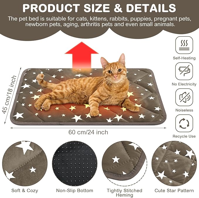 Namalu 4 Pack Self Warming Cat Bed Self Heating Cat Mat Star Pattern Soft Dog Crate Pad Thermal Pet Mat Anti Slip Kennel Dog Washable Warming Bed for Outdoor Indoor (18 x 24 Inch,Brown)