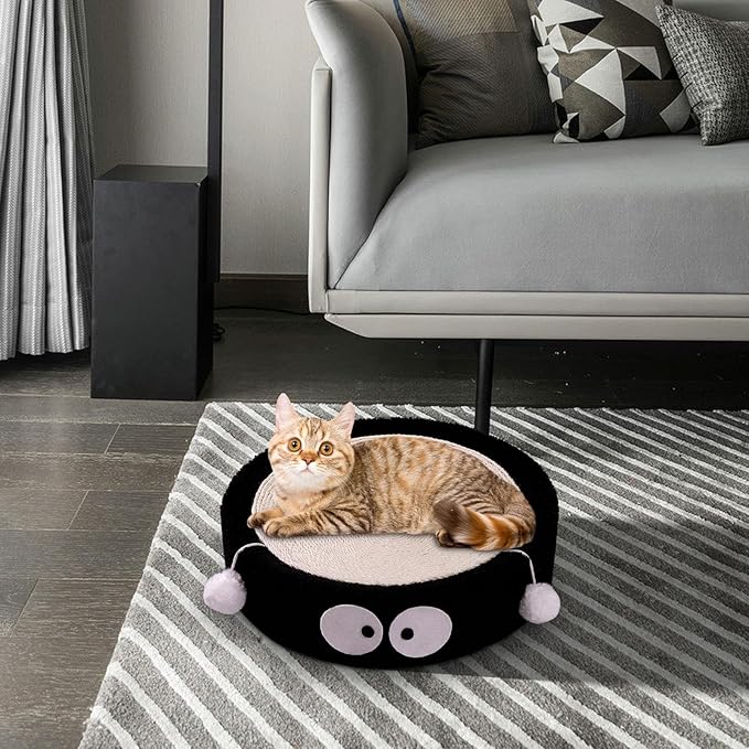 Cat Scratch Pad Bowl Nest Corrugated Cat Lounge Comfortable Claw with Interaction Ball Toy Furniture Protector, Black Circle