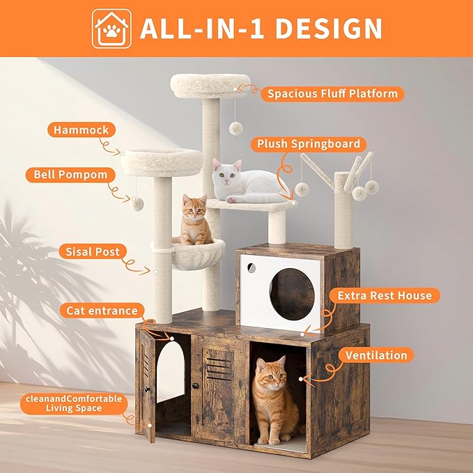 Modern Wooden Cat Tower with Hidden Litter Box Enclosure, Multi-Level Cat Condo, Scratching Posts, Cozy Hanging Basket & Toy, Durable Cat Tree Furniture for Indoor Cats, Vintage Brown