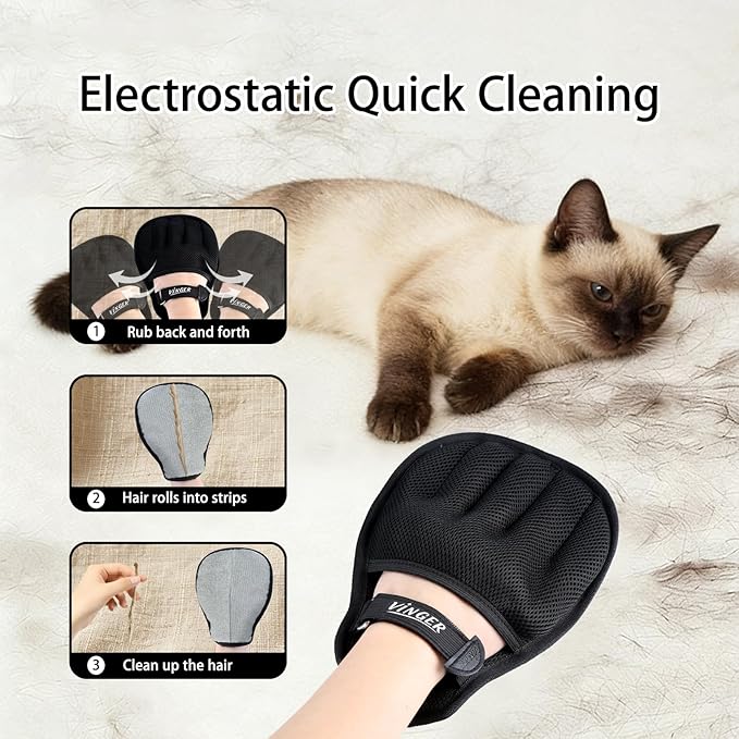 VINGER Pet Hair Removal Glove for Cats & Dogs, Electrostatic Pet Hair Gloves with Adjustable Wristband, Five-Finger Magic Brush Remover Tool for Laundry, Carpet, Couch, Car Seats & Clothing (Black)
