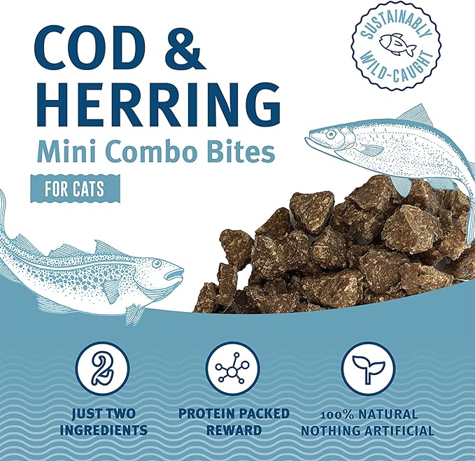 Icelandic+ Mini Combo Bites: Cod & Herring - 1.7oz Bag - Cat Treats, .25" Crunchy Bites, 2 Ingredient Natural Pet Snacks, No Fillers, Wild-Caught Fish