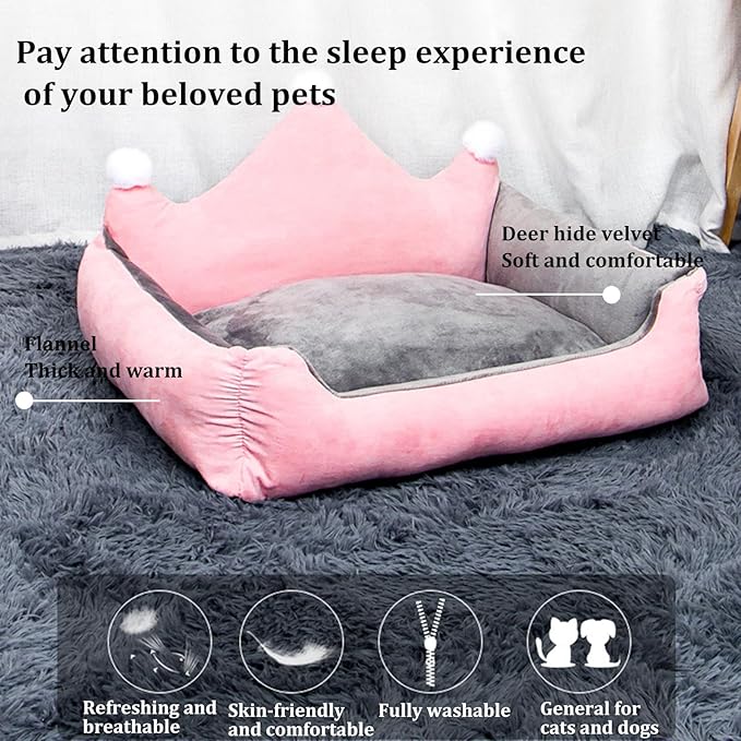 Cute Crown Pet Beds for Dogs Cat,Fashionable Luxurious Crown Cat Princess Beds Winter Warm Puppy Cat Sofa Bed Soft Upholstered Plush Sofa,Durable Washable Anti-Slip Dog Beds (Pink, XS Below 1.5 kg)