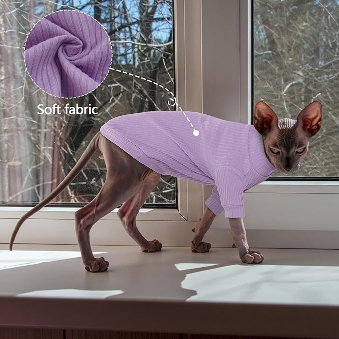 PUMYPOREITY Cat Clothes: Stretchy Cat Shirt & Sweater with Sleeves for Sphynx, Devon Rex & More - Purple, XS
