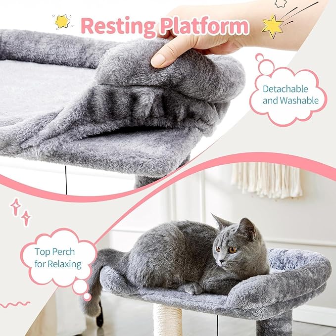 Small 4-in-1 Cat Tree Tower with Self-Grooming Brush, Sisal Scratching Post, Plush Cat Bed & Hanging Ball Toy, Compact Cat Tree for Indoor Kittens, Grey