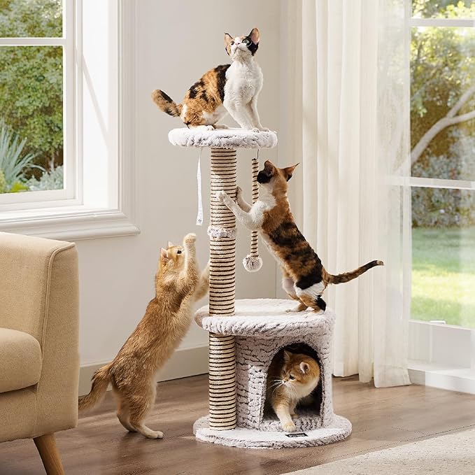 Cat Tree Tower, Multi-Level Cat Tower Condo with Spacious Elevated Perch, Scratching Post, Cozy Cave, Dangling Toy Ball, Durable Pet House Furniture for Indoor Kittens.