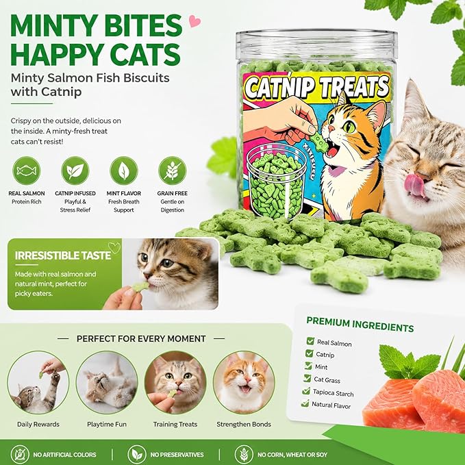 Catnip Cat Treats - Mint Flavor Crunchy Biscuits for Dental Health, Made with Real Fish in a 6oz Resealable Jar