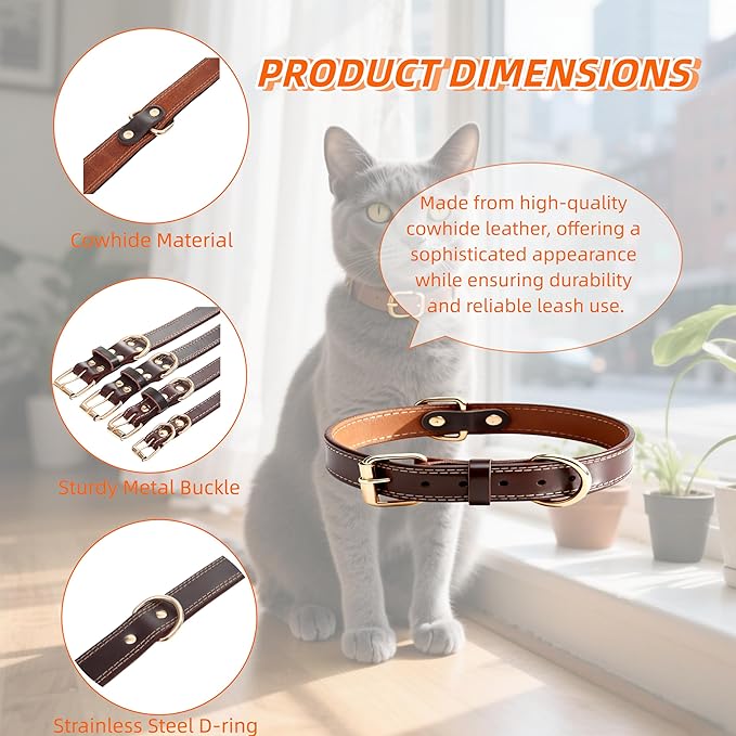 Genuine Leather Cat Collar Adjustable Durable and Comfortable for Cats, Puppies, and Extra Small Dogs(S,15" (Neck Fits 10"-13")