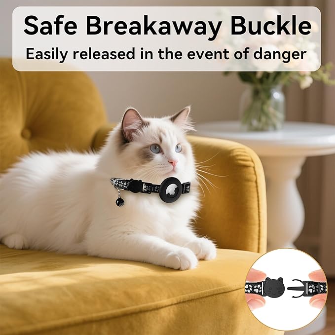 Airtag Cat Collar Breakaway, Adjustable Reflective Kitten Cat Collar with Apple AirTag Holder and Bell for Cats and Puppies (Black with Footprints)