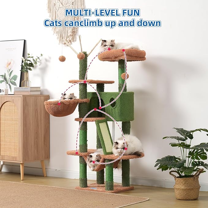 Hey-brother Cat Tree, 53 inch Cat Tower for Indoor Cats, Cat House with Padded Platform Bed, Toy Balls, Large Cozy Condo, Hammocks and Sisal Scratching Posts, Cactus MPJ019SCA