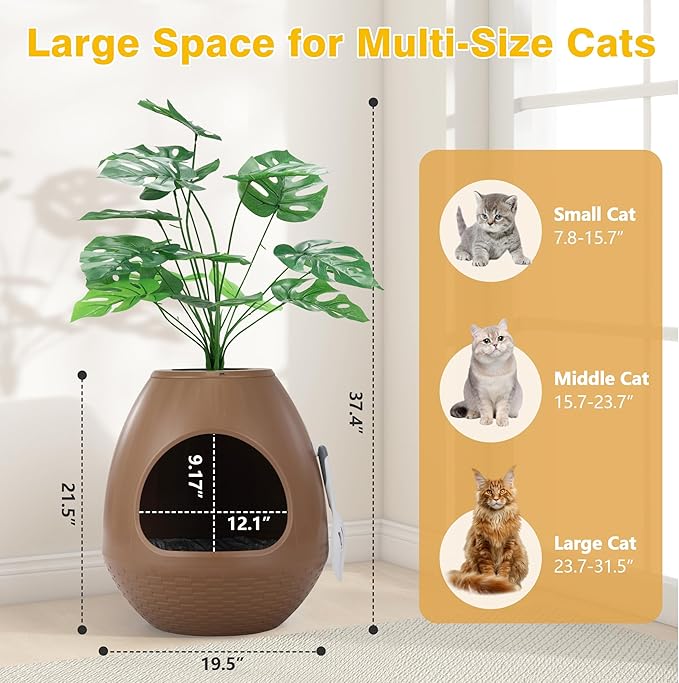 Eggloa6 Hidden Cat Litter Box with Artificial Plants ＆ Odor Removal System, Egg-Shaped Enclosure Includes Scoop ＆3PCS Liners Secret, Discreet Furniture, DIY Assembly Cat Litter Box Cabinet (Brown)