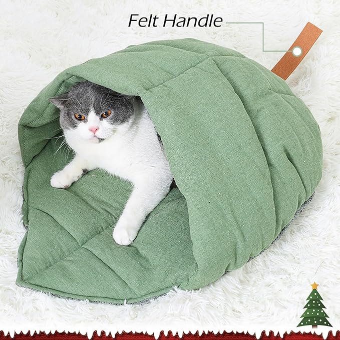 Cat Sleeping Bag,Linen Fabric Cat Bed Cave Leaf Nest Pet Cuddle Zone Covered Hide Hood Burrowing Cozy Soft Durable Washable with Non-Slip Bottom for Indoor Puppy and Kitten (Green)