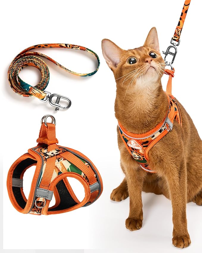 PetThem Upgraded Cat Harness and Leash Set - Step-in Escape Proof Adjustable Cat Harness, Comfortable Soft Lightweight, Reflective Harness for Walking, Travel, Camping (King of The Jungle, S)