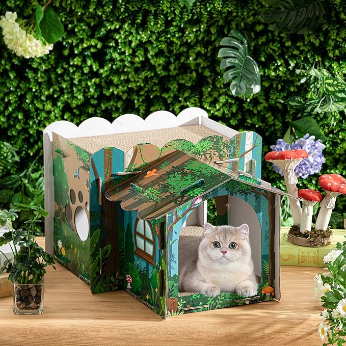 Lineshading 2 Story Cardboard Cat House with Scratcher Pad, Multi Level Durable Cat Scratcher House for Small Kitten Bunny Rabbit Animals Christmas Birthday Gift(17x12x10,Forest)