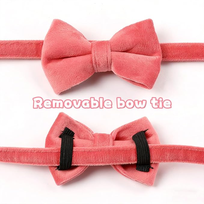 Trinkrittey 2 Pcs Solid Color Velvet Cat Collar with Bell and Removable Bowtie, Adjustable Breakaway Cat Collars Cute Cats Bow Tie Collar for Pet Wedding Party Halloween, Rose Red and Red