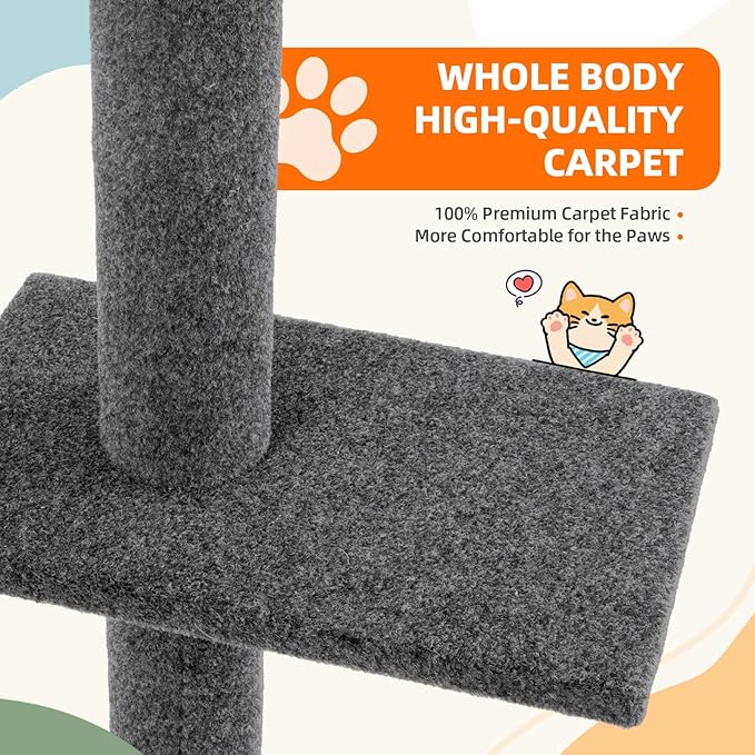 Cat Craft Floor-to-Ceiling Cat Tower, Adjustable 95-108 Inch Tall Carpet Cat Pole with Sisal Scratching Post & Mat, Stable Indoor Activity Furniture for Kitten & Adult Cats, Charcoal
