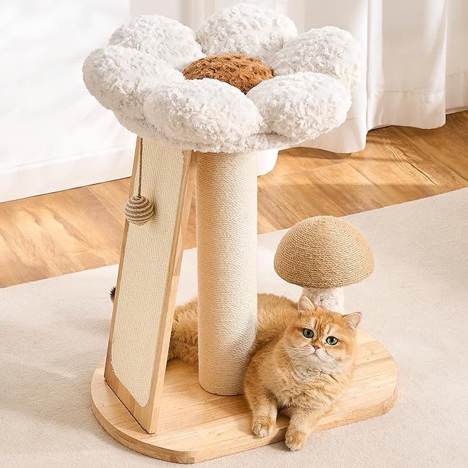 HITTITE Solid Wood Cat Tree Tower, Cat Scratching Post with Bed, 27" Small Flower Cat Tree, Compact Cat Tower with Scratching Pad and Cat Bed, Mushroom Modern Cat Tower for Indoor Cats Large Adult.