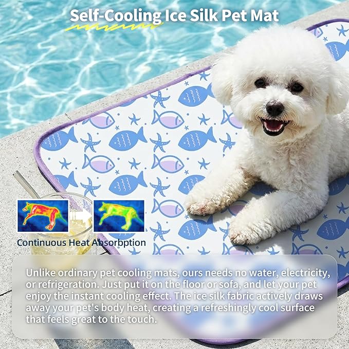 NWK Pet Cooling Mat -Q-Max>0.345 Ice Silk Cooling Mat for Dogs & Cats Portable & Washable Pet Cooling Blanket, Car Seats, Beds for Summer (Purple Fish, 27'' X 20'' X 0.3'')