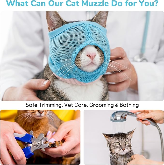 PUMYPOREITY 2 Pack Soft Cat Head Cover, Breathable Mesh Calming Muzzle with Adjustable Fit, Anti-Bite Protection for Cats During Grooming, Nail Trimming, Bathing and Vet Visits, M, Blue