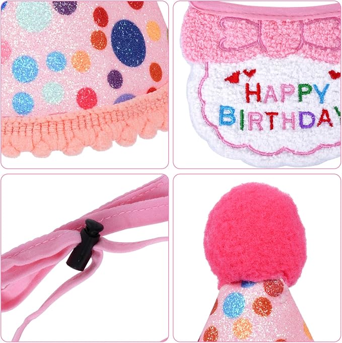 Cat Birthday Outfit, Cat Birthday Bandana and Hat Set with Number Kitten Birthday Costume, Cute Pet Birthday Party Decoration Outfits for Pet Cats Supplies (Pink)