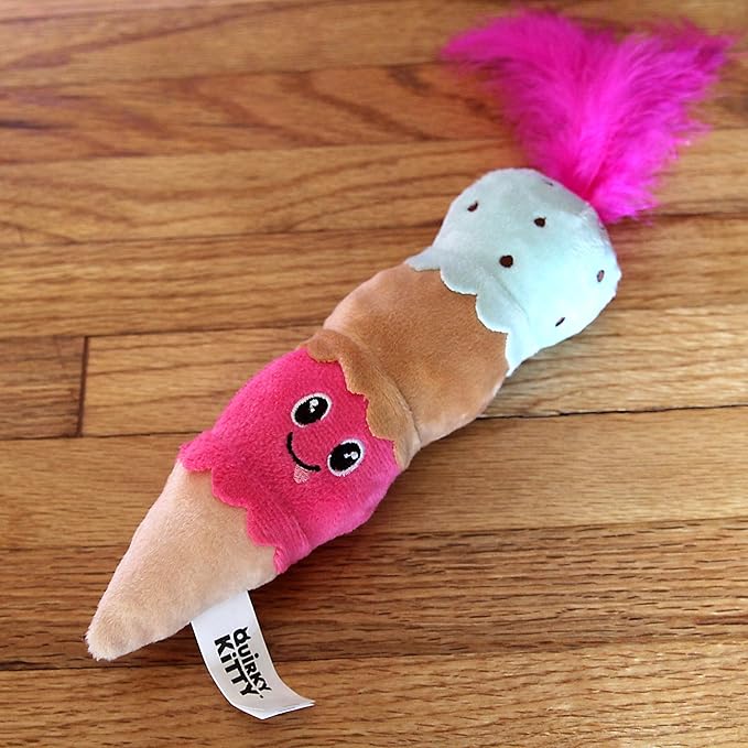 Ice Cream Kicker Catnip Crinkle Feather Soft Plush Cat Toy | Large Kicker Cat Toy for Bunny Kicks, Pouncing & Batting | Interactive Catnip Toy for Active Play