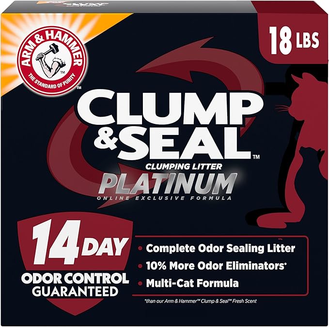 ARM & Hammer Clump & Seal Platinum Cat Litter, Multi-Cat Clumping Litter Forms Rock-Hard Clumps, Powerful Odor Eliminators with Baking Soda, 14-Day Odor Control, 18 lbs