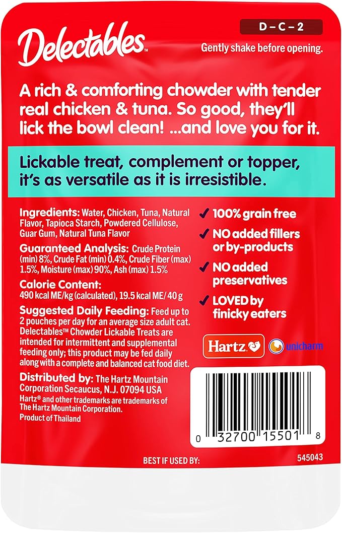 Delectables Lickable Treat Chowder Wet Cat Treat with Real Tuna & Chicken, Food Topper, Hydrating, Grain-Free, No Fillers, By-Products, Added Preservatives, 1.4oz Pouch, 12ct