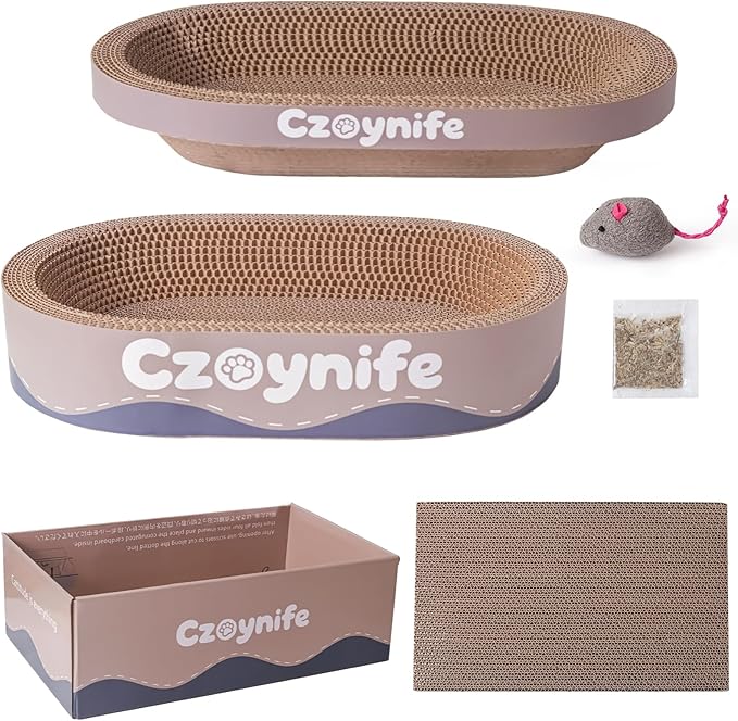 3PCS Cat Scratcher Bed, Oval Cat Scratcher Pad Bowl Nest for Indoor Cats, Round Cat Scratching Cardboard, Furniture Protector for Couch, for Kittens (Coffee, 15.7 * 10 in)