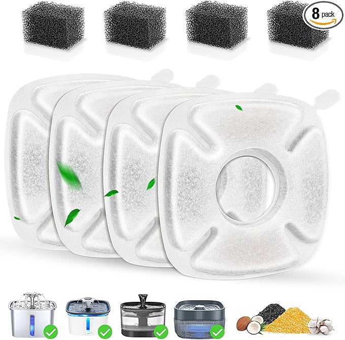 8 Pack Cat Water Fountain Replacement Filter, 4 Pcs Cat Fountain Filters & 4 Pcs Pre-Filter Sponges for 95oz/2.8L 135oz/4L 67oz/2L Automatic Pet Cats Dog Water Fountain Dispenser Filters