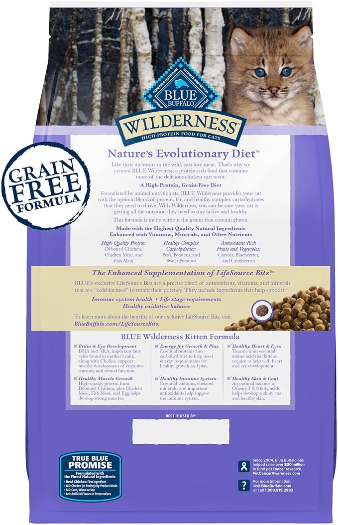 Blue Buffalo Wilderness Natural Kitten Dry Cat Food, with DHA and ARA to Support Brain and Eye Development, High-Protein and Grain-Free Diet, Chicken, 2-lb Bag